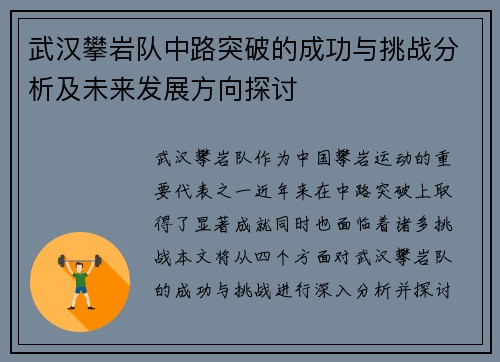 武汉攀岩队中路突破的成功与挑战分析及未来发展方向探讨